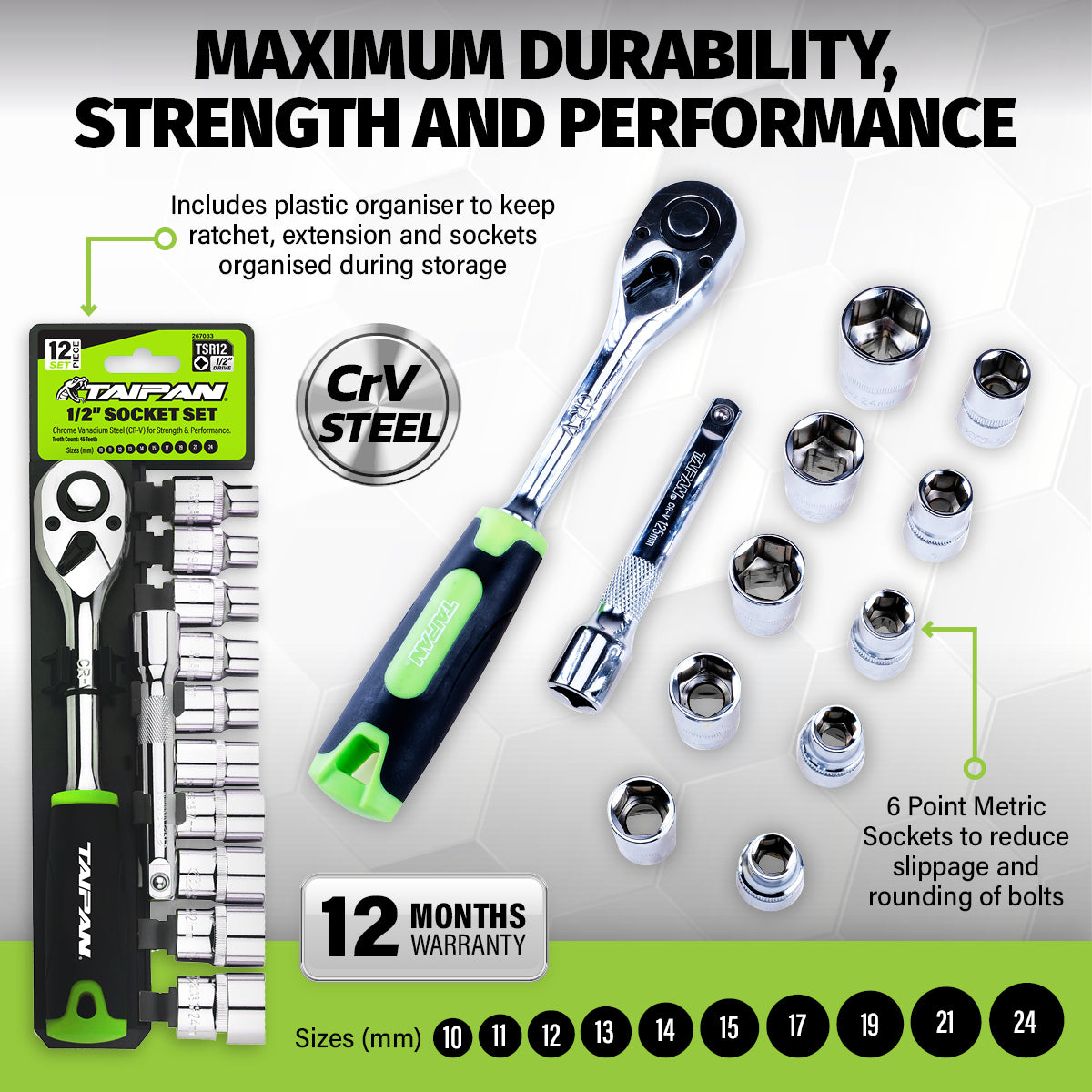 Taipan® 12PCE 1/2" Ratchet Socket Set Premium Quality Chrome Vanadium Steel