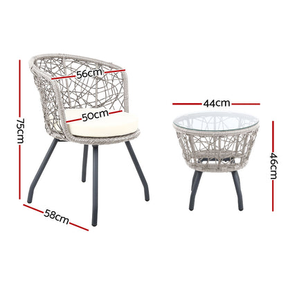 Gardeon 3PC Bistro Set Outdoor Furniture Rattan Table Chairs Patio Garden Cushion Grey