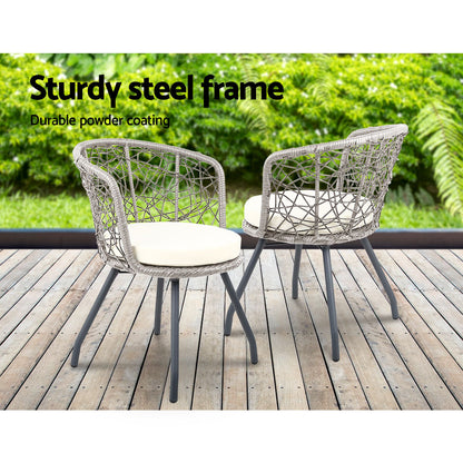 Gardeon 3PC Bistro Set Outdoor Furniture Rattan Table Chairs Patio Garden Cushion Grey