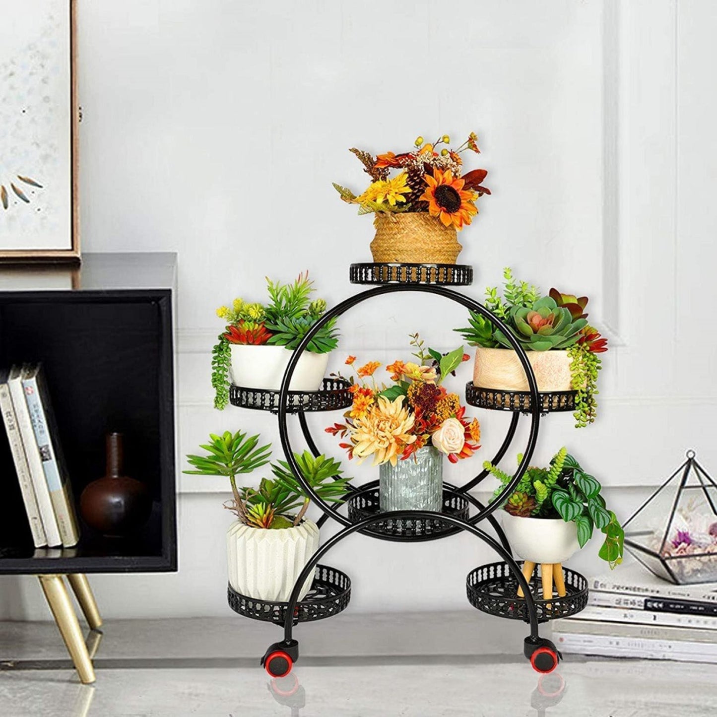 NOVEDEN 4 Layer 6 Pots Flower Holder Plant Stand Shelf with 4-Wheel (Black) NE-PSD-100-JZ