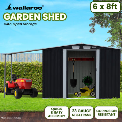 Wallaroo 6x8ft Zinc Steel Garden Shed with Open Storage - Black