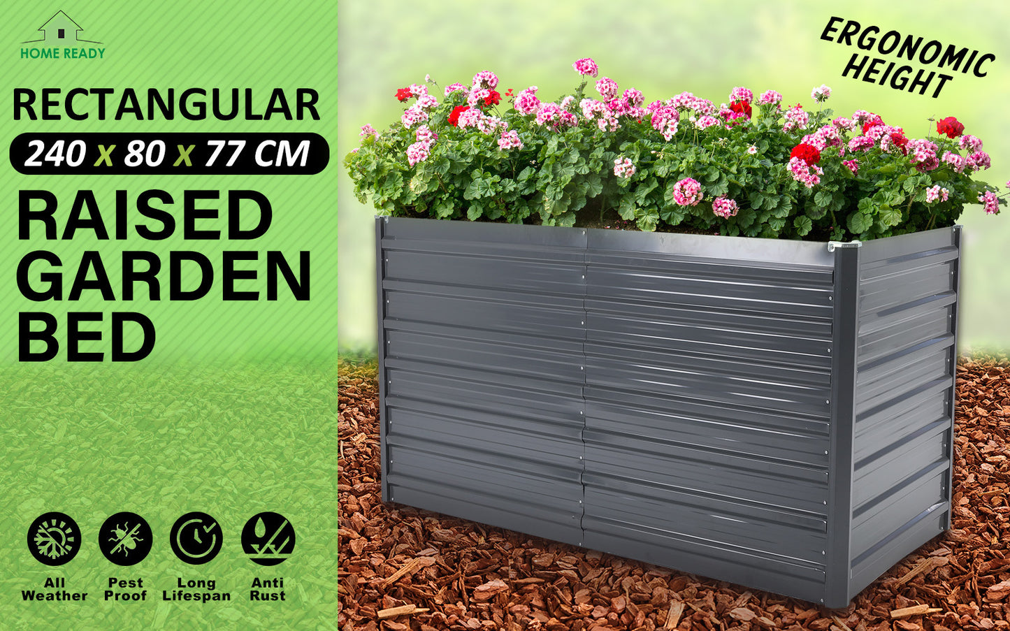 2-in-1 Raised Garden Bed Galvanised Steel Planter 240 x 80 x 77cm GREY