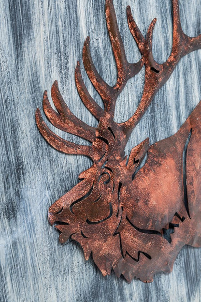 Decorative Reindeer 3D Wood Metal Wall Art Decor in Blue and Rusty Bronze