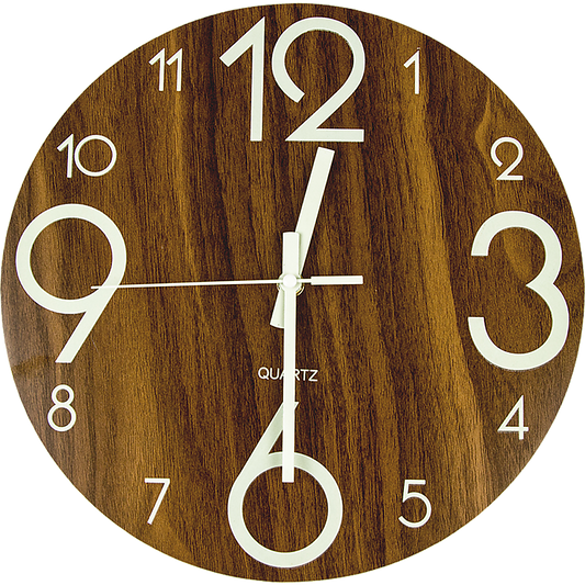 Glow In Dark Wall Clock Luminous Quartz Quiet Wooden Home Decor 30cm