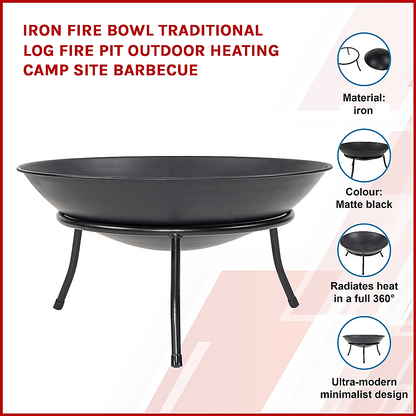 Iron Fire Bowl Traditional Log Fire Pit Outdoor Heating Camp Site Barbecue