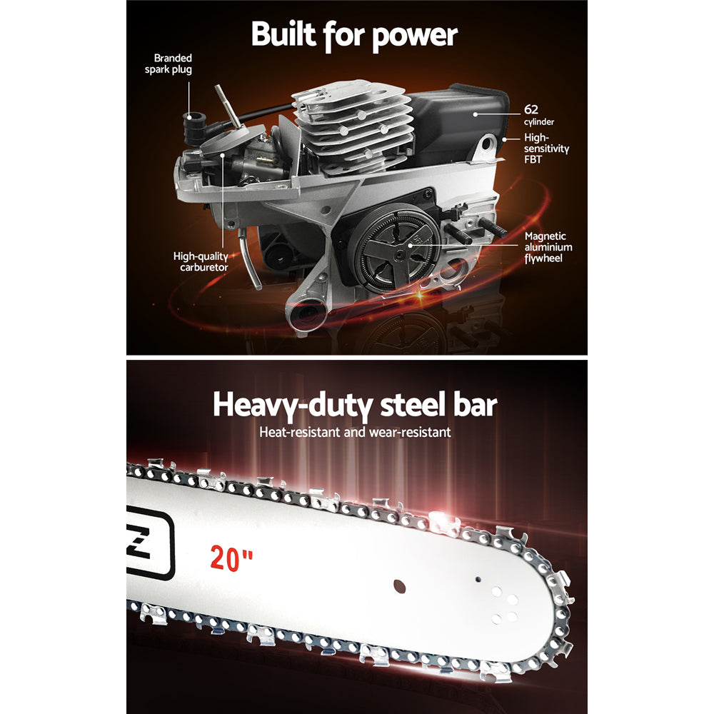 Giantz 62CC Chainsaw Commercial Petrol 20" Bar E-Start 20 Bar Pruning Chain Saw