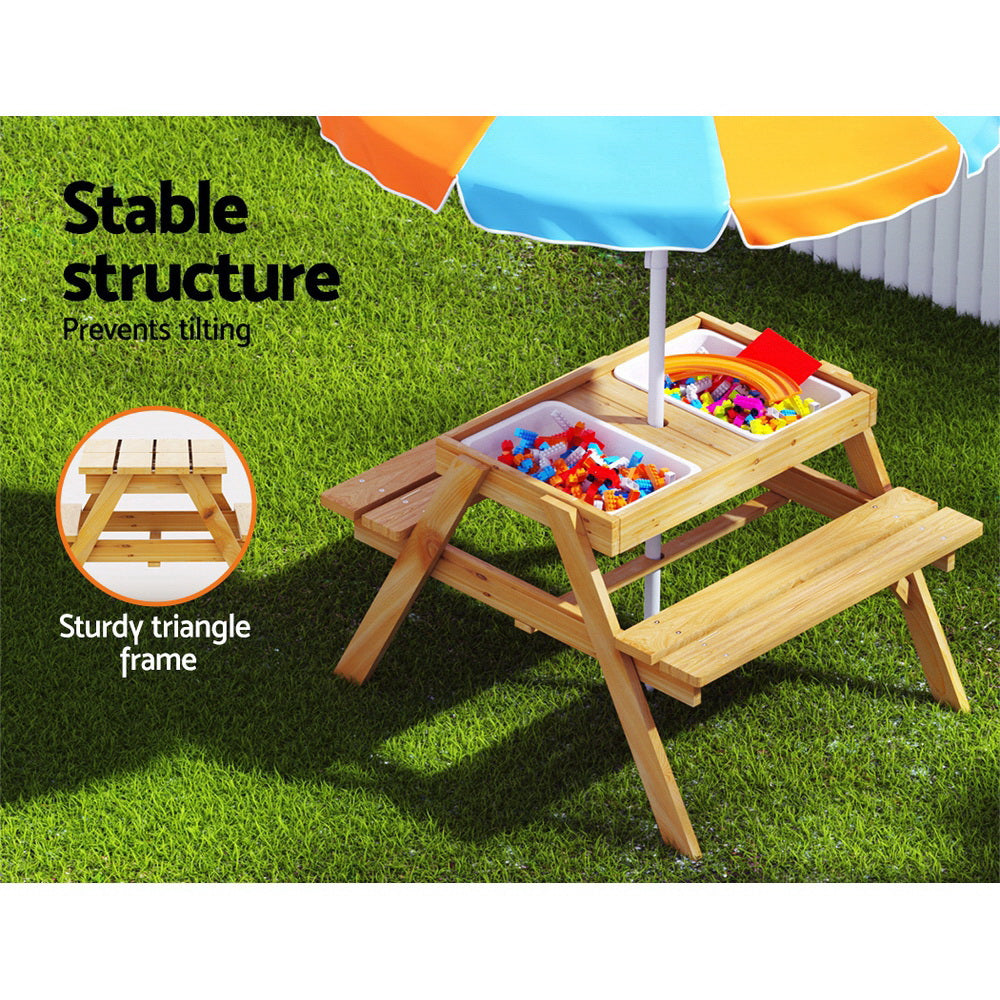 Keezi Kids Outdoor Table and Chairs Picnic Bench Umbrella Set Water Sand Pit Box