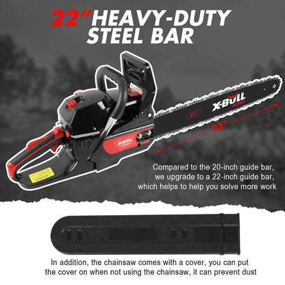 X-BULL 62cc Chainsaw Petrol Commercial 22" Bar E-Start Tree Pruning Top Handle