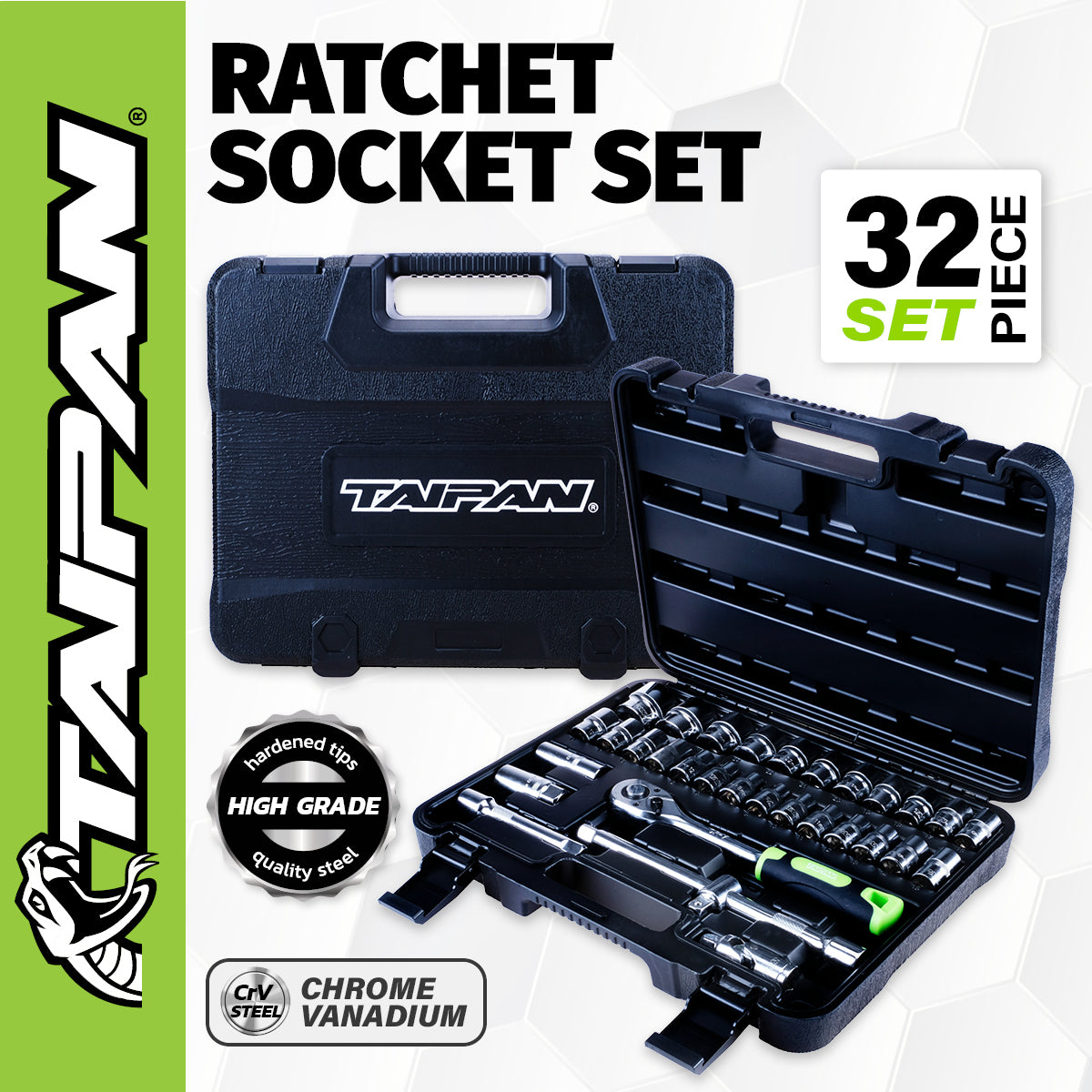 Taipan 32PCE Ratchet Socket Set & Case Premium Quality Chrome Vanadium Steel