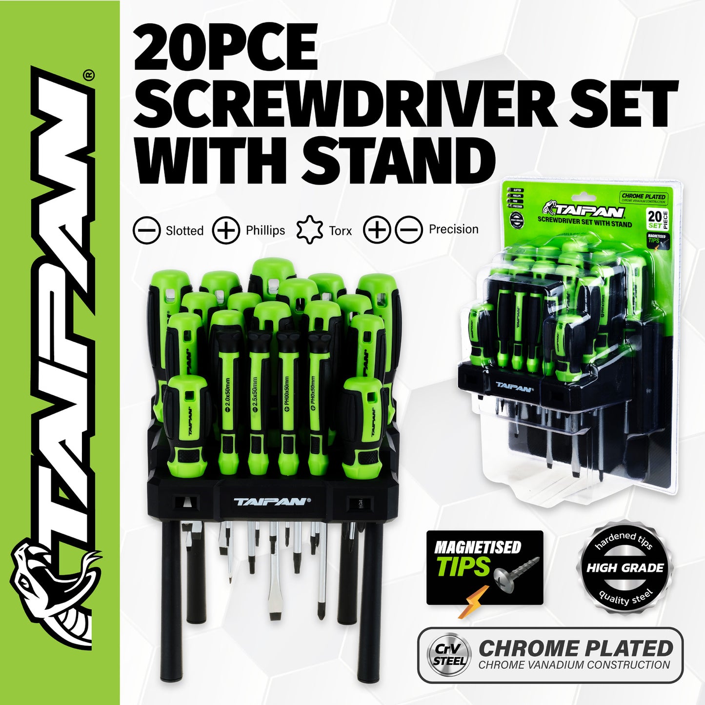 Taipan 20PCE Screwdriver Set With Stand Magnetic Tips Chrome Plated