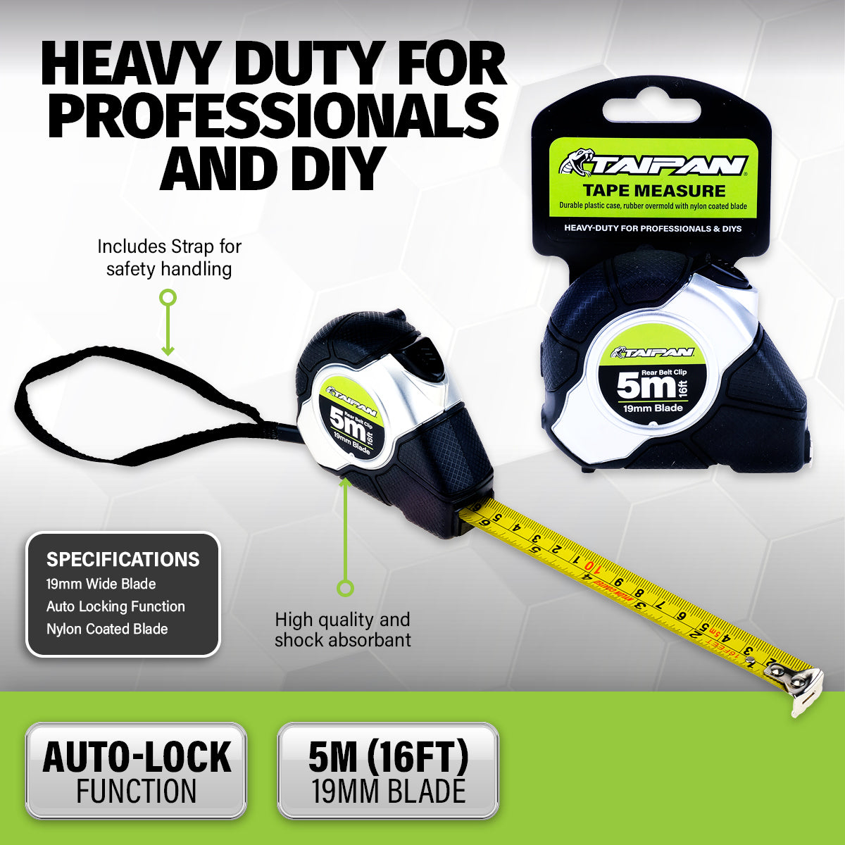 Taipan 5m Tape Measure Auto Lock Function Shock Absorbent Rubber Case