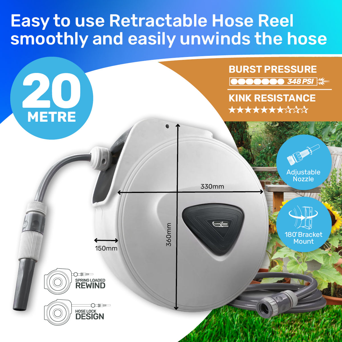 Garden Greens 20m Retractable Hose Reel Spring Loaded Swivel & Rewind Design