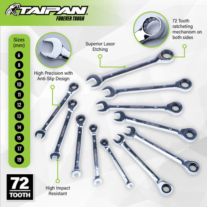 Taipan 11PCE Ratcheting Spanner Set Premium Quality Chrome Vanadium Steel