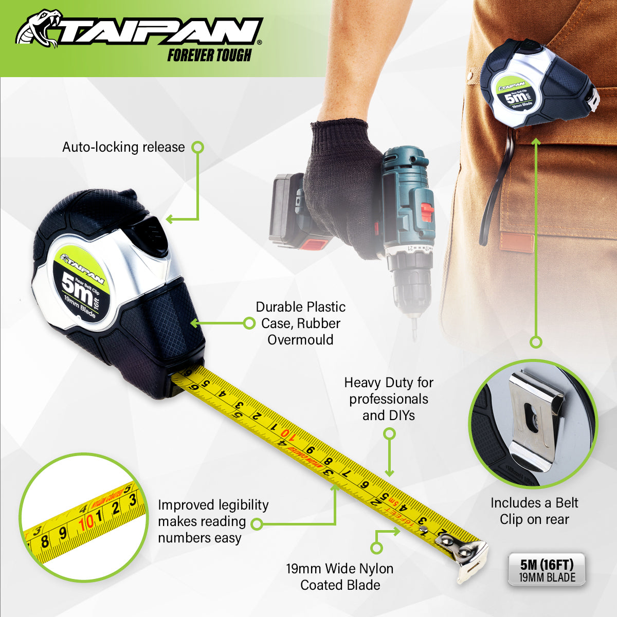 Taipan 5m Tape Measure Auto Lock Function Shock Absorbent Rubber Case