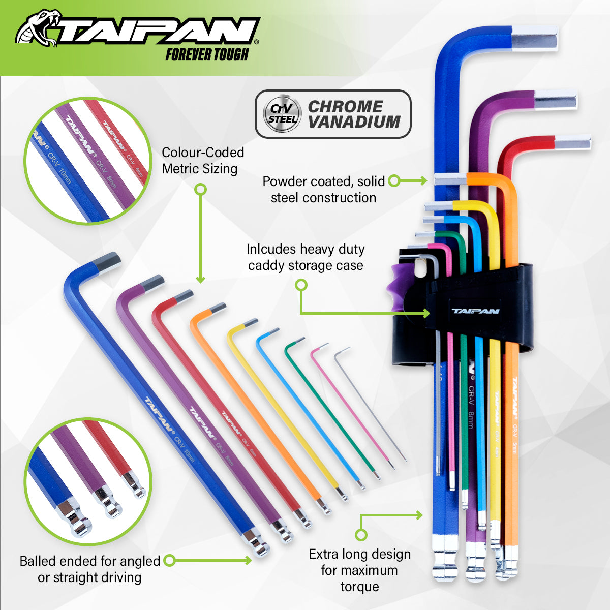 Taipan 9PCE Hex Keys Long Arm Set Chrome Vanadium Steel Caddy Storage Case