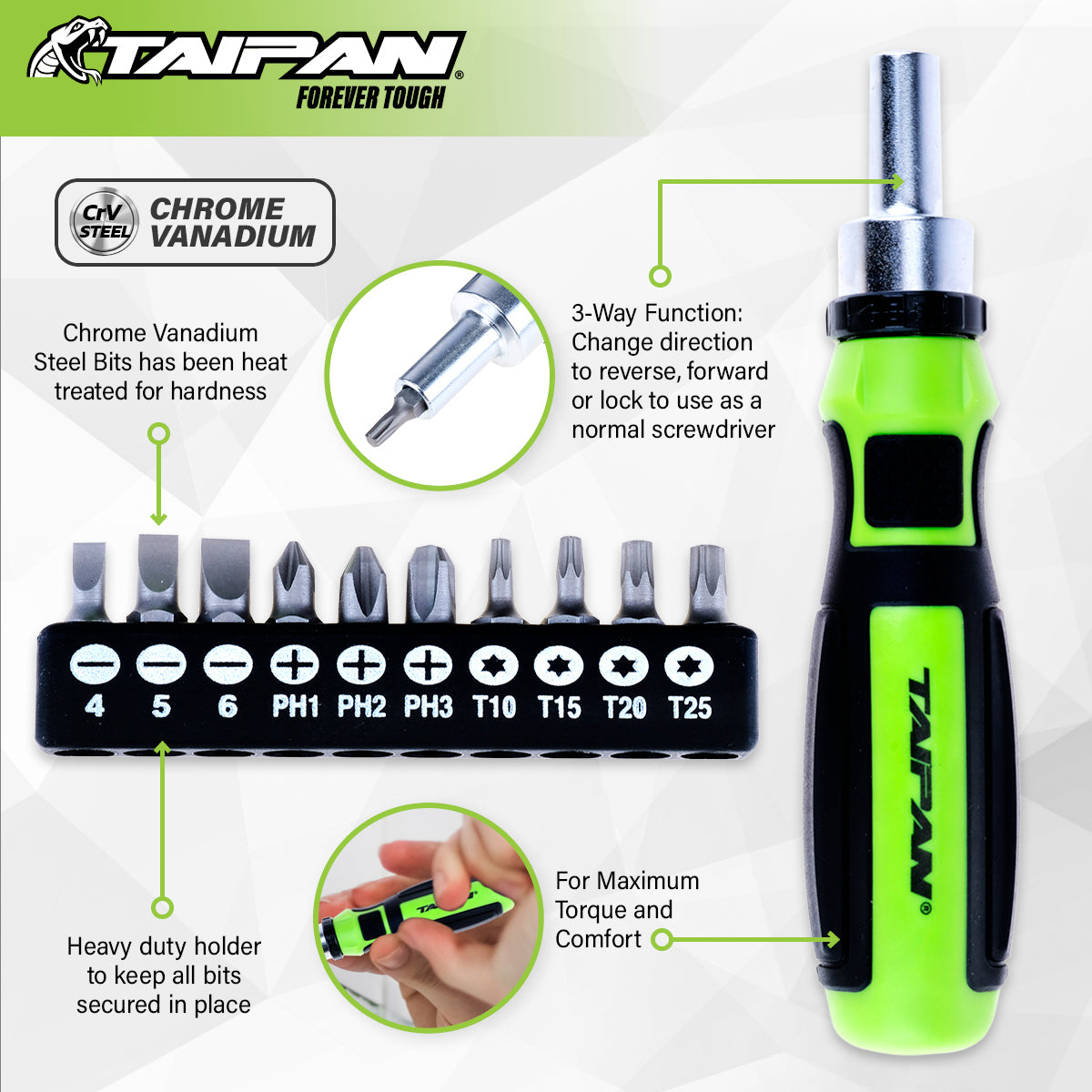 Taipan 11PCE Screwdriver Ratchet Set Premium Quality Chrome Vanadium Steel