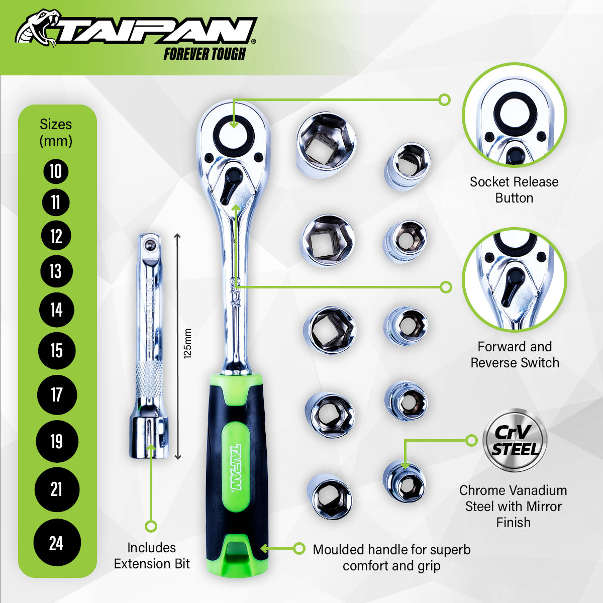 Taipan&reg; 12PCE 1/2" Ratchet Socket Set Premium Quality Chrome Vanadium Steel