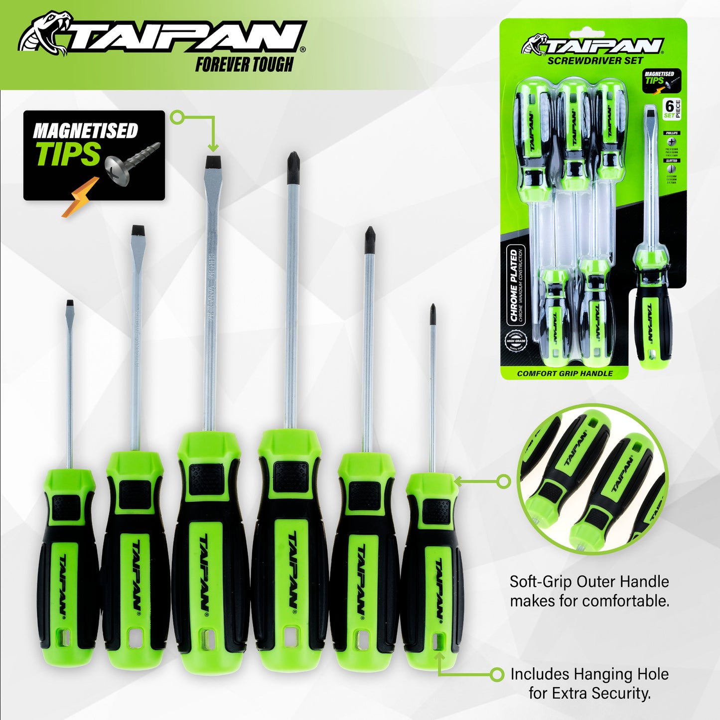 Taipan 6PCE Screwdriver Set Magnetic Tips Chrome Steel Plated Construction