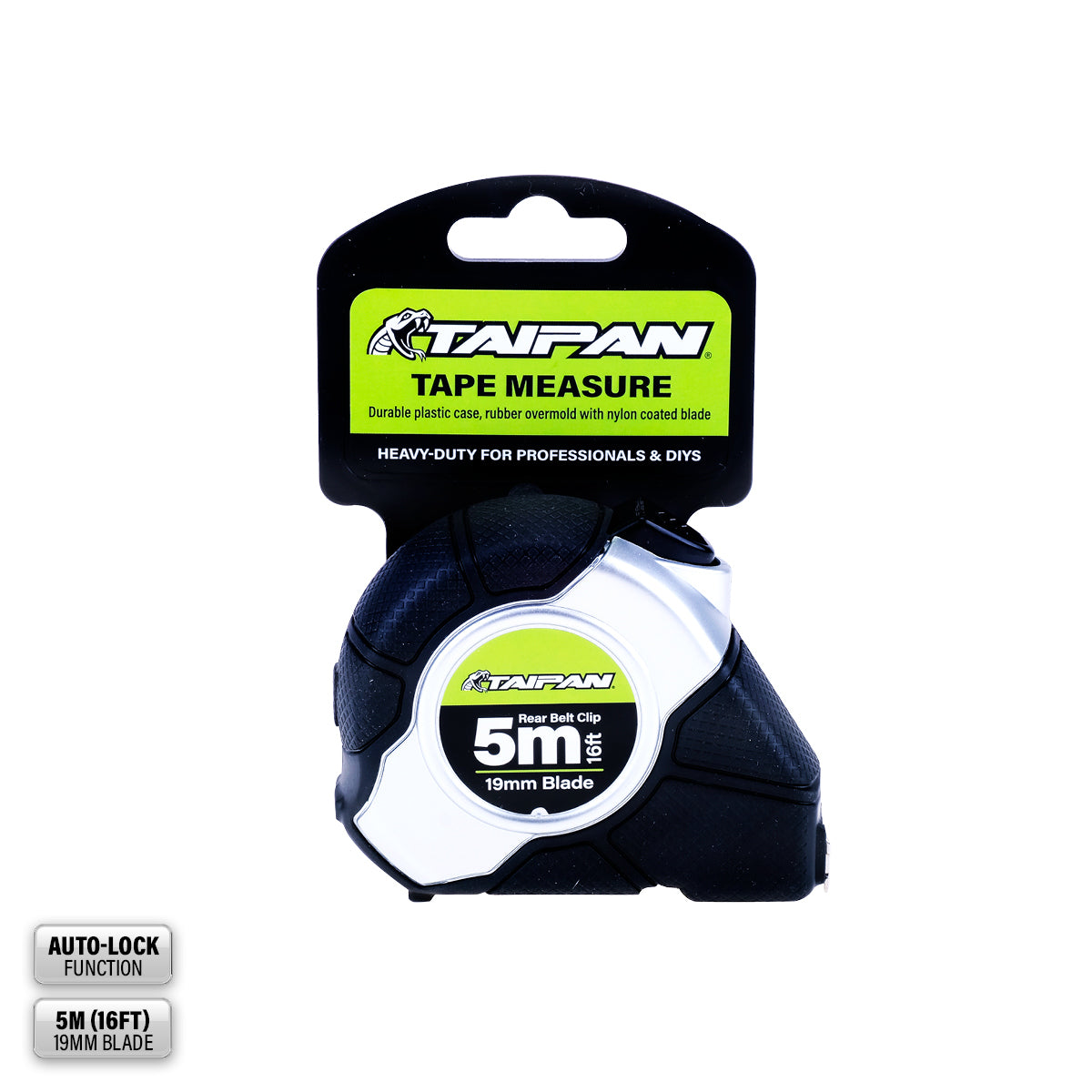 Taipan 5m Tape Measure Auto Lock Function Shock Absorbent Rubber Case